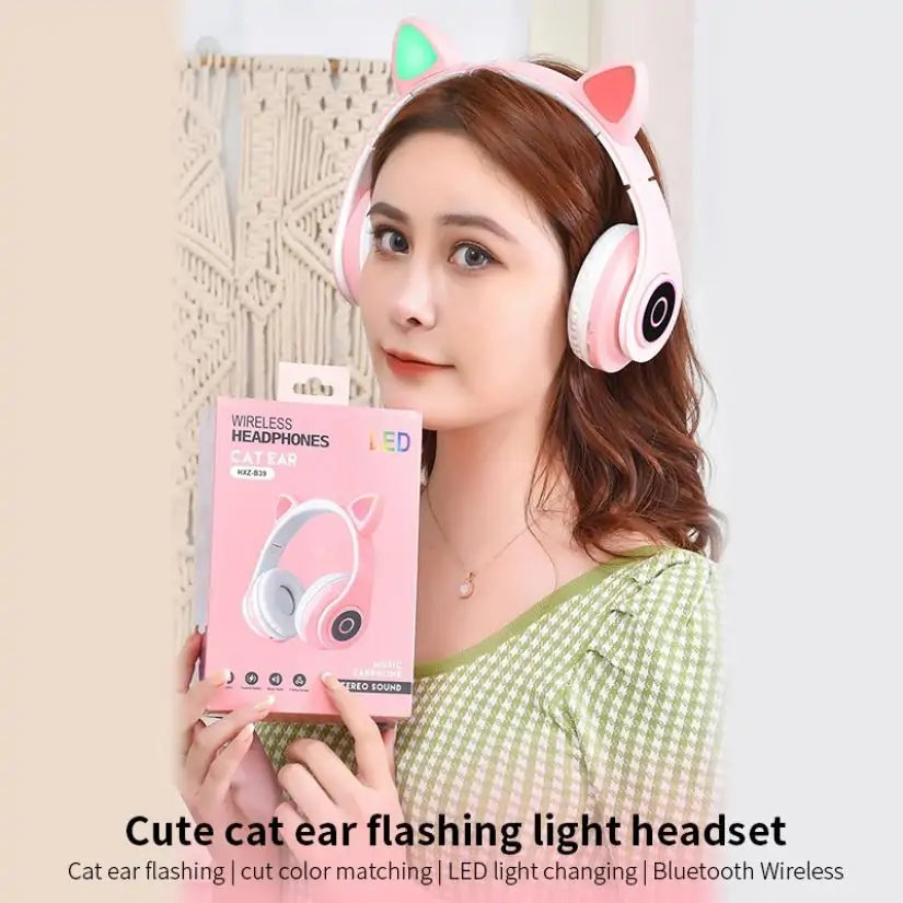 LED Cat Ear Bluetooth 5.0 Headphones: Noise Cancelling, TF Card Support